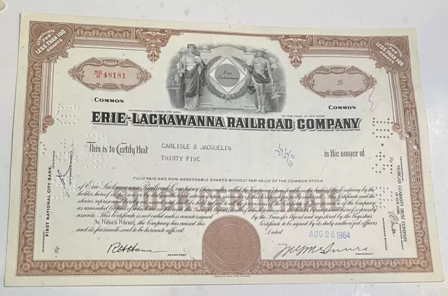 1964 ERIE -LACKAWANNA RAILROAD Co. STOCK CERTIFICATE. Brown.