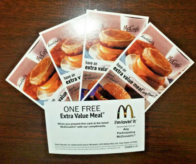 x10 MCDONALDS VOUCHERS -FREE- ANY EXTRA VALUE MEAL GOLD GLITTER FOIL ON BACK.
