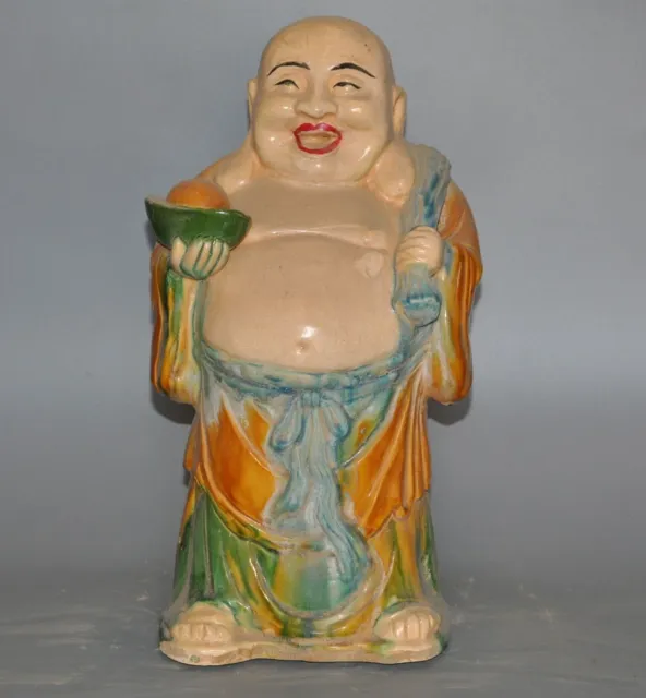 14" old Chinese tangsancai porcelain wealth ingot Maitreya Buddha statue