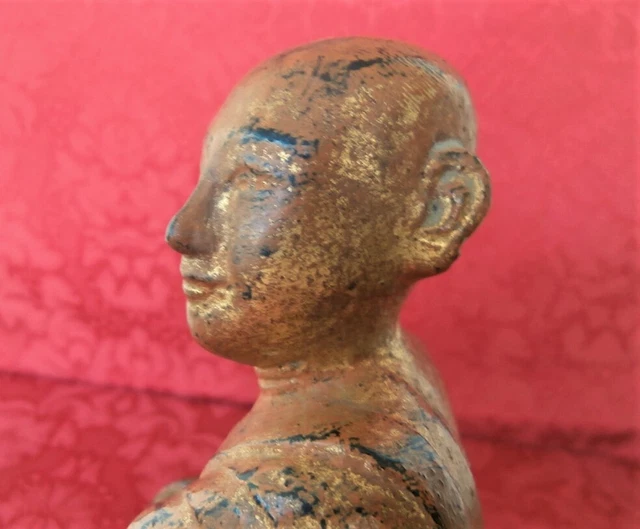 Buddha Disciple Sariputra 19th C. Carved Gilt Wood Statue Burmese Buddhist Art 9