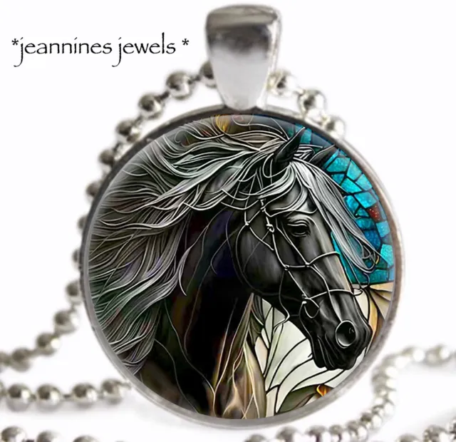 Black Beauty Horse Necklace EQUESTRIAN Gift Faux Stained Glass Charm Pendant