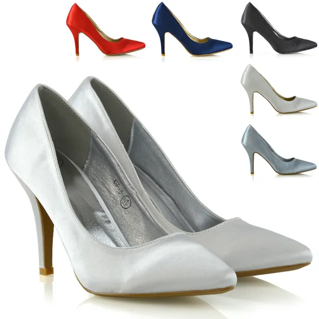 Womens Stiletto Satin Mid Heels Point Toe Ladies Bridal Party Pumps Court Shoes