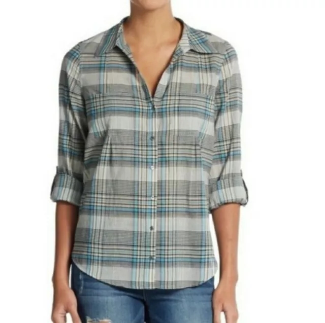 Joie Womens Cartel Check Cotton Button Up Blue Plaid Long Sleeve Shirt Sz XS NWT