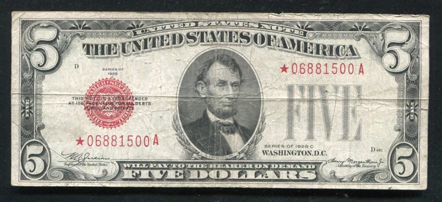 Fr 1528* 1928-C $5 Five Dollars *Star* Legal Tender United States Note Very Fine