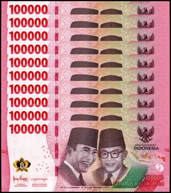 *10 x Indonesia 100,000 Rupiah Banknote, 2022, P-168, UNC 1 million  USA SELLER!