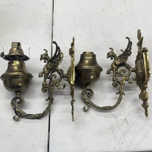 Pair Of Antique Griffon Wall Sconces Lights Brass For Redo Medieval Griffen