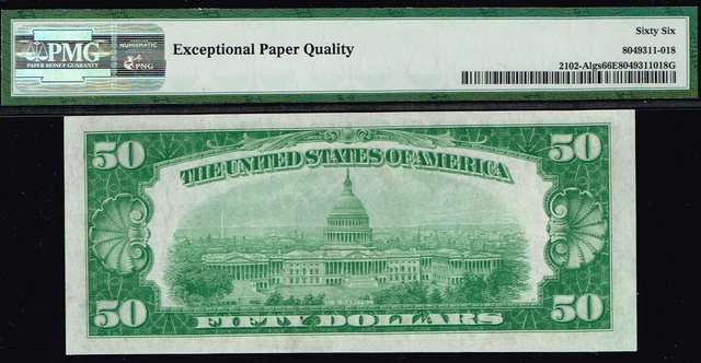 TOP POP NOTE. LGS. LIGHT GREEN SEAL. $50 1934 Boston  FRN. PMG 66 EPQ. 2
