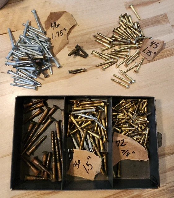 Lot of 200+ VINTAGE BRASS WOOD SCREWS REG SLOTTED FLAT HEAD Mixed Length 1.75"