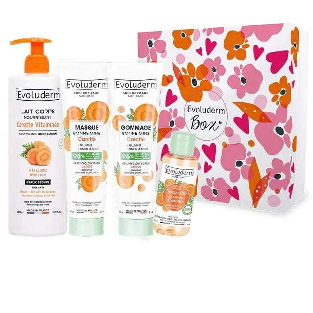 Coffret Evoluderm Carotte Bonne Mine - Soin Visage Et Corps - Huile, Sérum, Gommage Vita C - Neuf