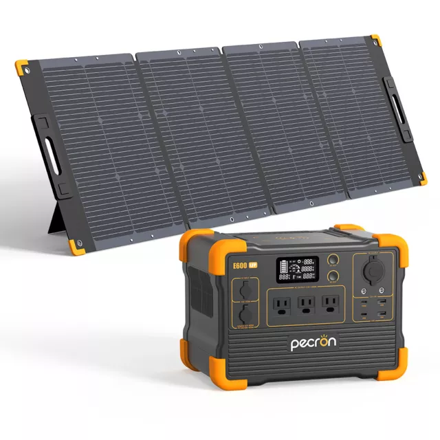 PECRON E600LFP 614Wh Portable Power Station with 200W/300W Solar Panel Kit Camp