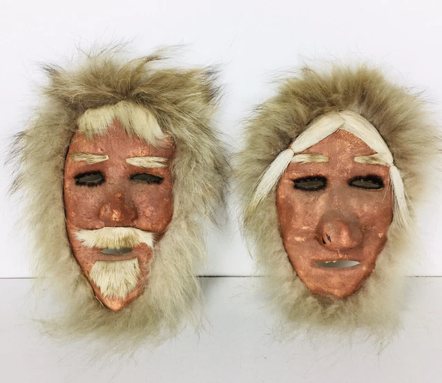 Vintage Eskimo Inuit Alaskan Caribou Skin and Fur Masks Man & Woman Couple