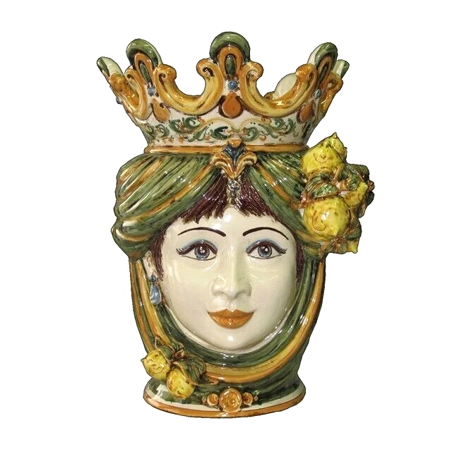 Céramique De Caltagirone Tête maure Femme Avec Citrons Vase Fait à la Main Neuve