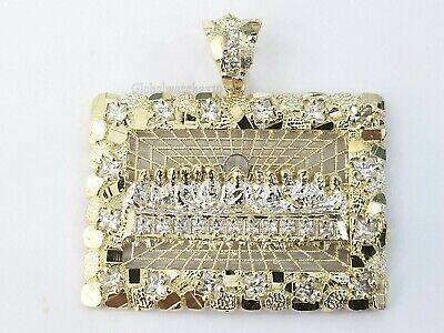 Real 10K Yellow Gold Last supper Diamond Cut Charm Pendant 2 Inches Jesus