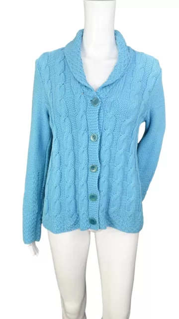 Sigrid Olsen Cable Knit Cardigan Sweater Size M Blue Shawl Collar Button Front