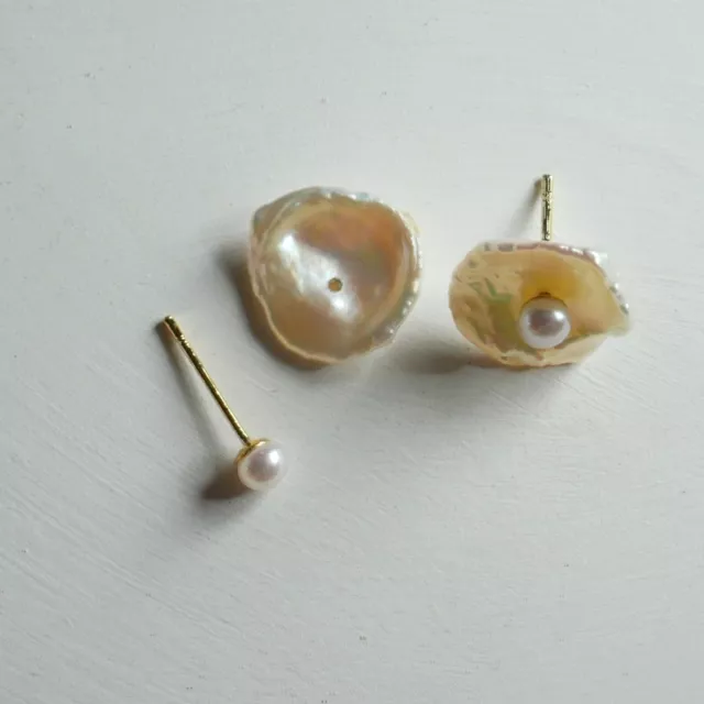 Fried Egg Natural Petal Pearl Stud Earrings, 2 way Natural Pearl Stud Earrings 3