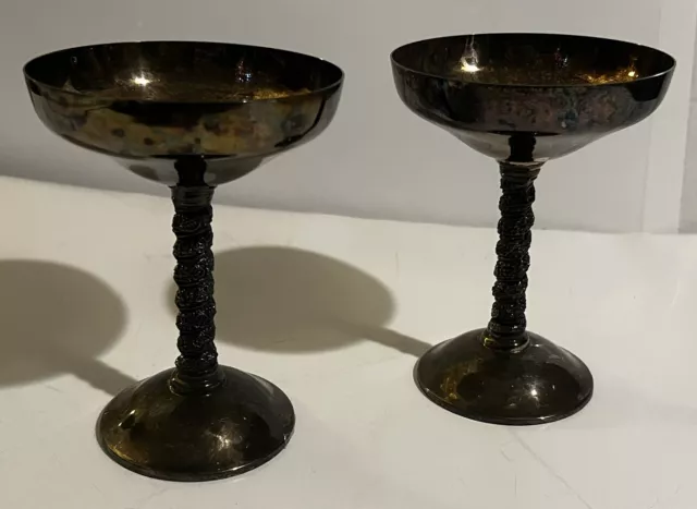 Alfonso Lara Silver Plated Grape Stem Champagne Footed Goblets Pair Spain Vtg