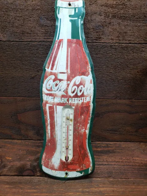 VINTAGE 1950's Coca Cola TIN Soda Bottle Advertising Sign and Thermometer