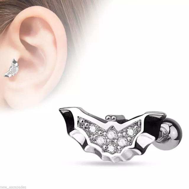 Cartilage/Tragus Ear Bat Wings w/Clear Gems 16 Gauge 1/4" 10mm Body Jewelry