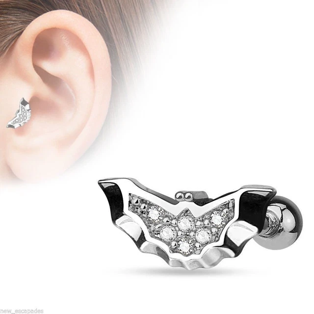 Cartilage/Tragus Ear Bat Wings w/Clear Gems 16 Gauge 1/4" 10mm Body Jewelry