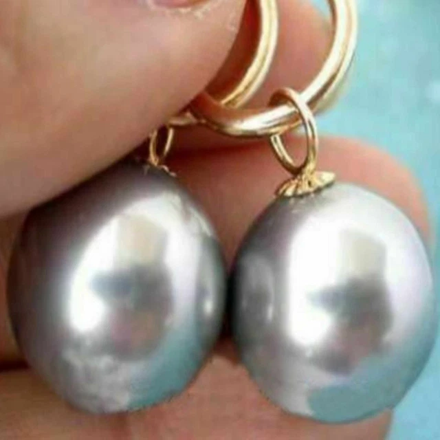 Natural 16mm gray round South sea Pearl 14k gold Earrings Easter Lucky