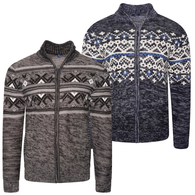 Ex Brand Mens Full Zip Cardigan Knitted Aztec Pattern Casual Jumper Fair Isle