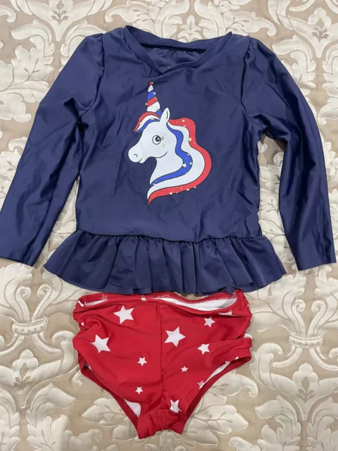 Toddler Girl Cat & Jack 3T Rashguard Swim Set   Unicorn Navy Red Stars 4th July