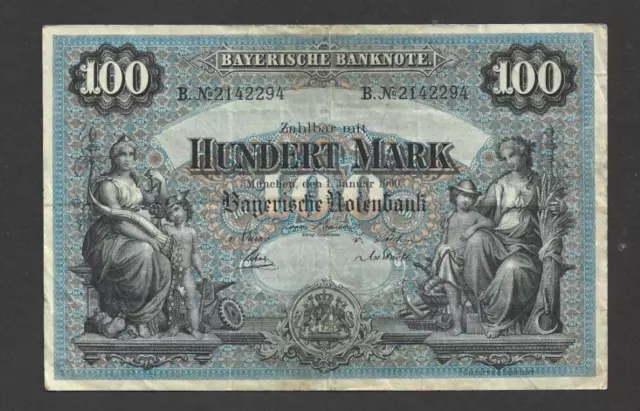 100 Mark Very Fine  Banknote From Germany/Bavarian  Bank  1900   Pick-S922