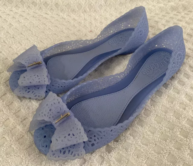 Salvatore Ferragamo Nilly Jelly Laser Cut Floral Bow Flat Periwinkle Blue Size 7