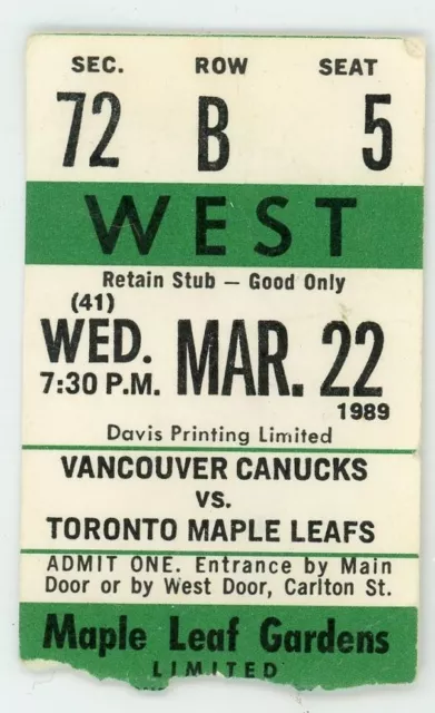 Vancouver Canucks vs. Toronto Maple Leafs Vintage Ticket Stub Maple Leaf Gardens