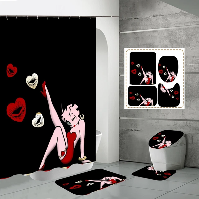Betty Boop Black Hearts Lips Bathroom Shower Curtain Toilet Seat Cover Rugs Set