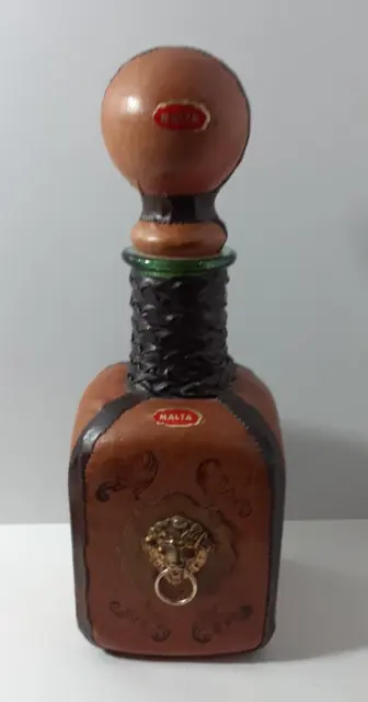 Vintage 1960s Leather Wrapped Wine Bottle Decanter with Brass Lion Doorknocker