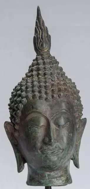 Buddha Head - Antique Thai Style Sukhothai Mounted Bronze Buddha Head - 29cm/12"