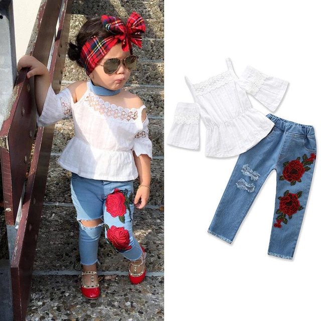 Gilet in pizzo in pizzo per bambini bambini bambini in denim floreale abiti set abiti