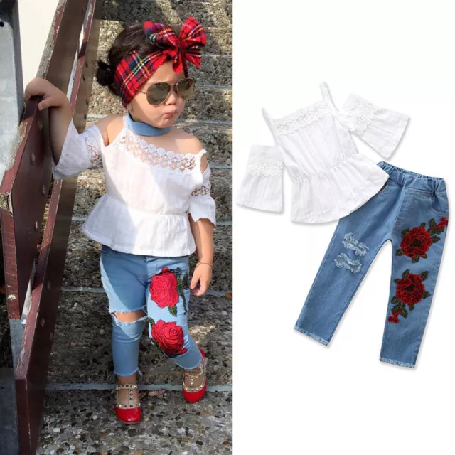 Toddler Kids Baby Girls Lace Vest Tops Floral Denim Jeans Outfits Clothes Set