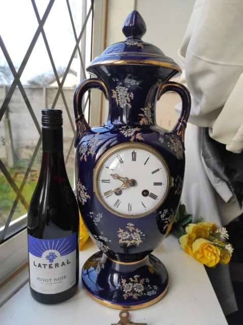 STUNNING COBALT BLUE ANTIQUE FRENCH PORCELAIN MANTEL CLOCK BY JAPY FRERES c1880