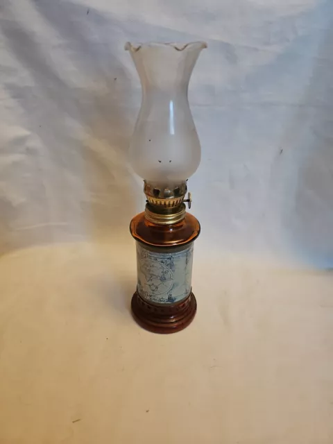 Vintage Amber Glass Oil Lamp With Funnel Depicting Map Of The World