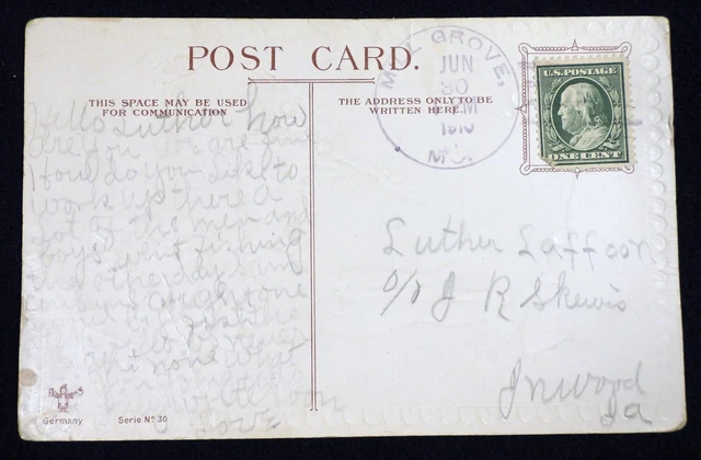 Vtg 1910s DPO Dead Post Office Love POSTCARD 1910 Mill Grove Missouri Postmark
