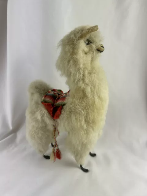 LLAMA FIGURINE Made of Real Alpaca Fur Stuffed Animal 10” Tall Rug Saddle