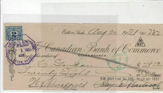 Canada Stamp 1931 Canadian Bank of Commerce Snipe Lake Bank Cheque Ref 26551