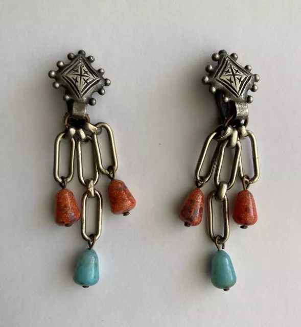 Vintage DANGLE CLIP EARRINGS Southwestern Theme Turquoise & Coral Pat. 156452