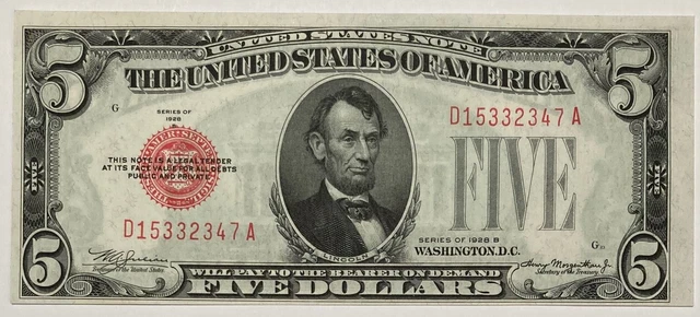 1928-B $5 Red Seal FIVE Dollar United States Note FIVE Nice Bill !! 1928 B  347