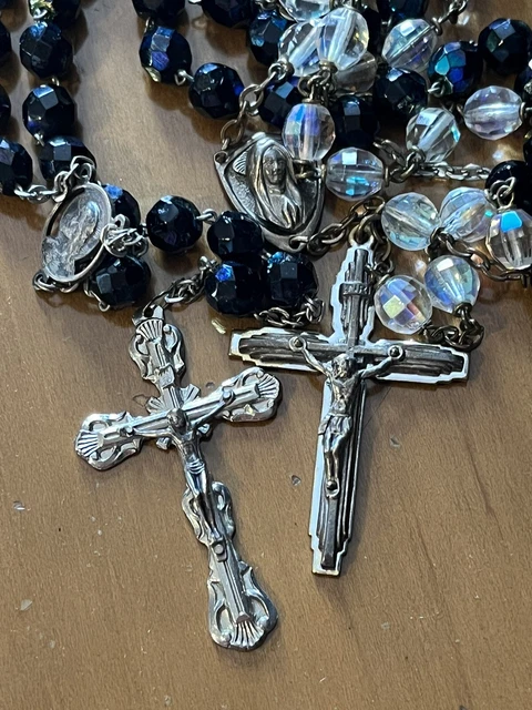 Vintage Catholic Rosary Lot Of 2 Glass Rosaries / Crucifix