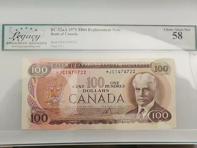 $100.00 1975 Bank of Canada BC-52aA Replacment Note 58 Choice about new