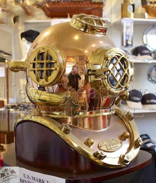 US NAVY MODEL Mark V Copper Brass 18" Diving Divers Helmet With Wooden ...