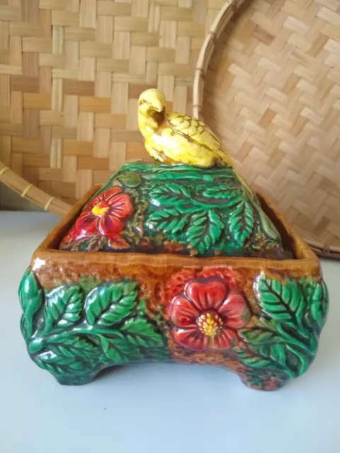 Vintage Majolica Ceramic Pottery Trinket Box Bird/Floral Designed Bird atop Lid