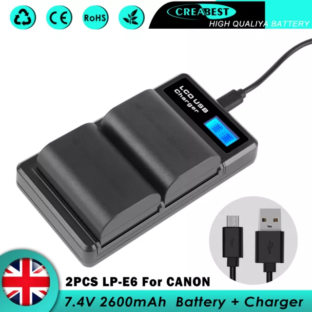 2x LP-E6 LP-E6N Battery For Canon EOS 90D 60D 5DS 6D II 70D 80D + Dual Charger