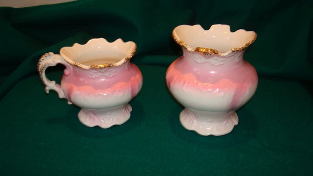 Antique Victorian Pitcher & Small Bowl Pink White with Gilt Ornate Vintage