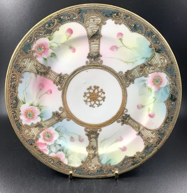 Antique Nippon Plate Hand Painted Heavy Gold Trim Moriage Pink Floral 1910