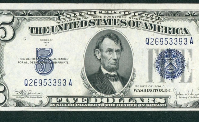 $5 1934 C ((HIGHER GRADE CHOICE AU)) Silver Certificate ** CURRENCY AUCTIONS