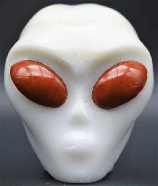 CHARMING White JADE Crystal ALIEN Head with Gemstone Eyes